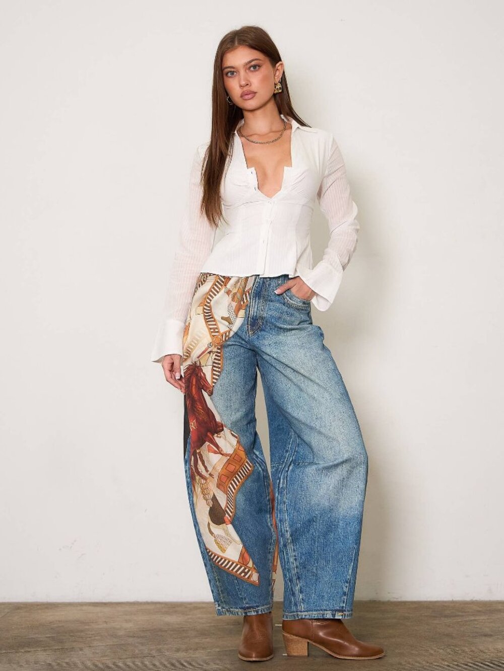 NWT Horse Scarf Digital Print Baggy Jeans